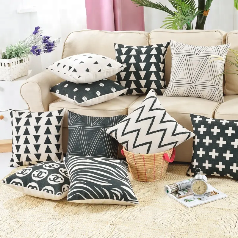 Sarung Bantal Kotak Desain Sederhana untuk Mobil, Sarung Bantal Sofa Linen Katun Motif Geometris