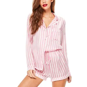 Mulheres Por Atacado Hot Pink Pijama Listrado Moda Curto Conjunto De Pijama