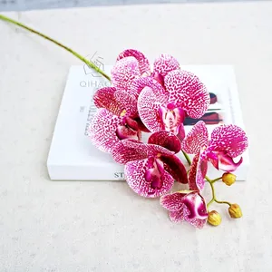 QiHao Cina Pabrik Langsung 3D 6 Kepala Bunga Paphiopedilum Phalaenopsis Buatan Sentuhan Asli Anggrek Kupu-kupu Lateks untuk Dijual