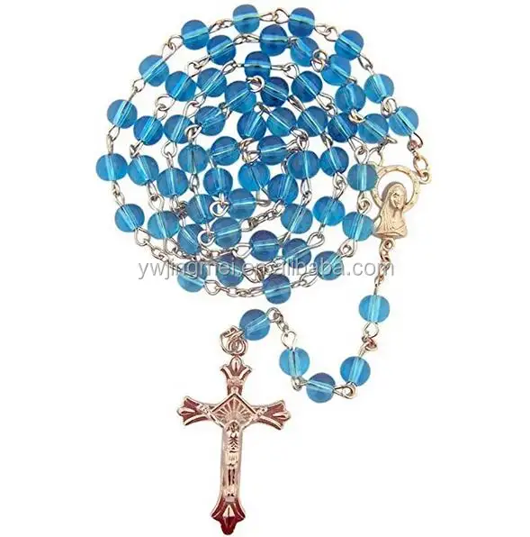 6mm trasparente luce blu rotondo di vetro perline rosario con la vergine maria centro pezzo e crocifisso