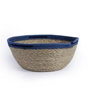 Hand Woven White Cotton Rope Edge Bowl Shape Round Wheat Straw Storage Grass Tray Bolga Seagrass Basket Wholesale Set Of 3