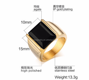 Moda rectángulo de piedra de ónix negro anillo de acero inoxidable chapado en oro anillos de dedo para los hombres - Product Image 2