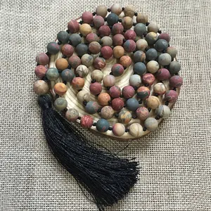 ST0539 — collier avec pompon pour hommes, 108 perles Mala, pendentif Long jaspe de Picasso, mat, noué, pierre naturelle, accessoire de méditation, 8mm