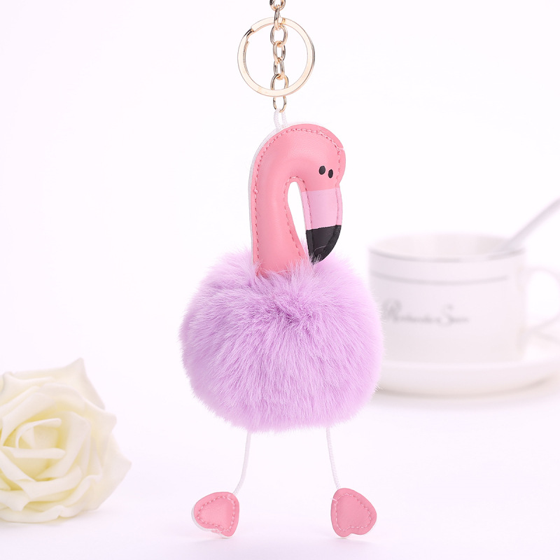 Fashion wholesale 8cm faux fur ball flamingo handbag charm hang keychain pom pom key chain