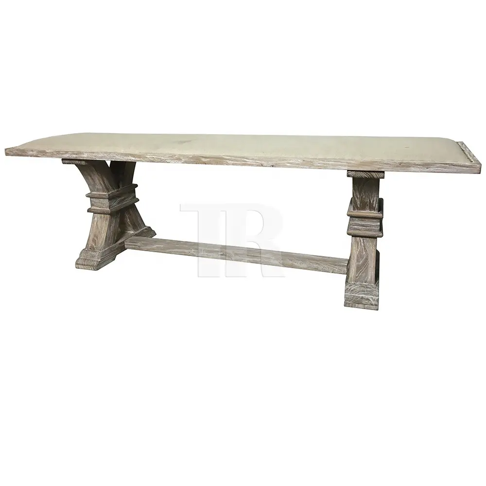 รีไซเคิล elm กรอบโบราณทองเหลือง neutral ผ้าลินินทำด้วยมือ pedestal Bench