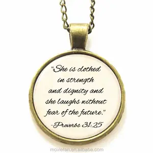 Proverbs 31 necklace, She is clothed in strength and dignity necklace print glass photo Jesus Symbolism necklace