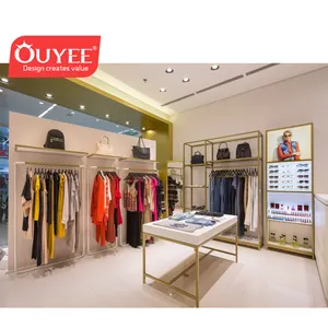 Garment Store Furniture Brass Racks Clothes Display Units New Design Wooden Cloth Shelf For Women Clothes Shop