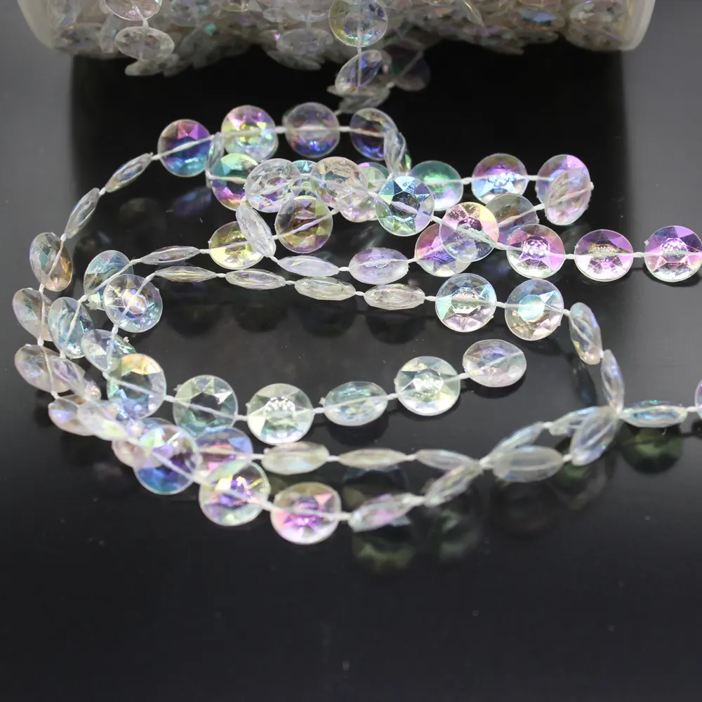 Cuentas acrílicas iridiscentes octagonales, 30M/rollo, 10MM, cadena de hilo, guirnalda de diamantes para fiesta de boda