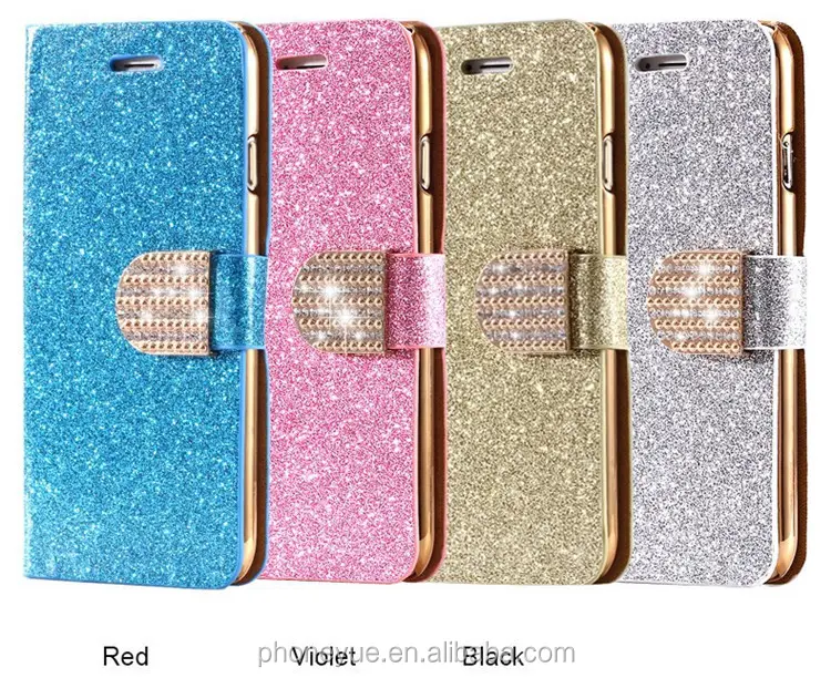 Lüks manyetik Glitter Bling kristal elmas deri cüzdan kart yuvası iPhone için kılıf 6/6s/6 artı/6s