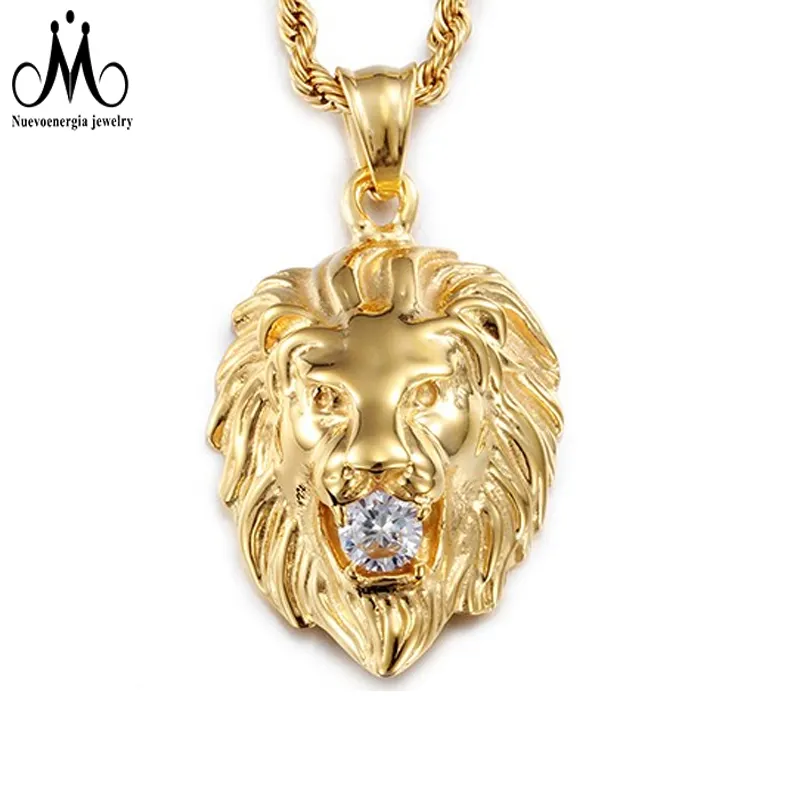 18K Gold Plated Lion Head Diamond Pendant Men Gold Chain Necklace Jewelry