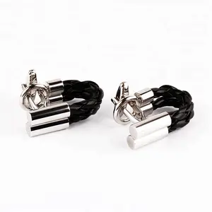 DAIHE Leather Link White Silver Painting Cuff-links Black Braid Double Leather Cufflinks for Men Wedding Official Party