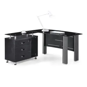 Bureau d'ordinateur en verre moderne et noir, vente en gros, meuble de bureau, patron de Type L