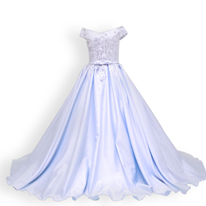 LS64111 fuera del hombro apliques elegantes vestidos con cinturón de encaje hasta satén azul claro prom vestidos de noche 2017 - Product Image 1