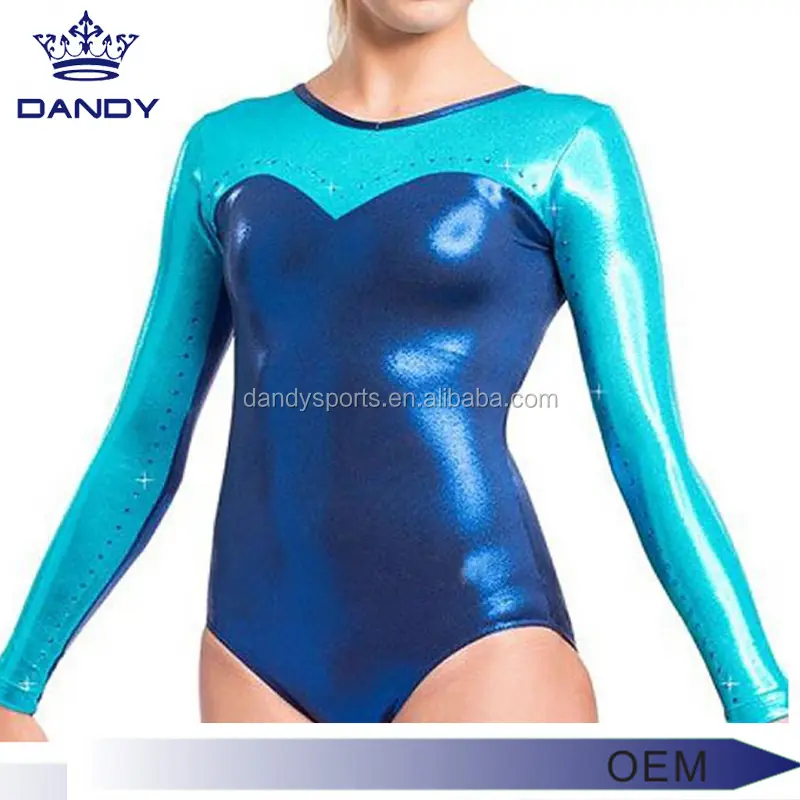Shiny Spandex fabric Long Sleeve blue Rhythmic Gymnastics Leotards for girls