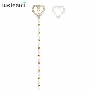 LUOTEEMI Gold Color Unique Tiny CZ Paved Heart Stud Earrings With Long Plastic Pearls Beaded Chains Wedding Earrings For Women