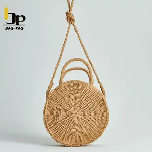 Bolsos de paja de papel hechos a mano para mujer, moda al por mayor, bolsos redondos de verano para playa