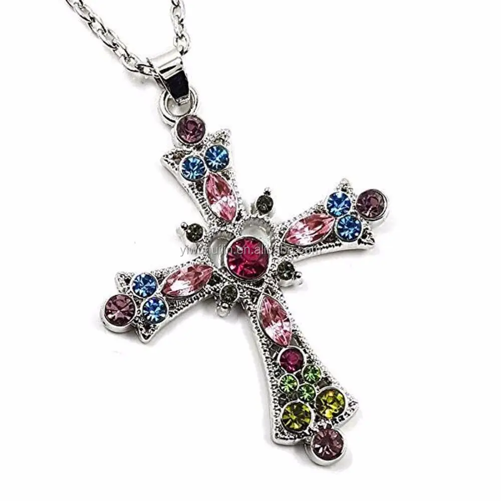 Pretty Pink, Purple, Aqua Blue, Green Multicolor Crystal 1-1/2" Religious Cross Pendant Necklace for Teens and Women