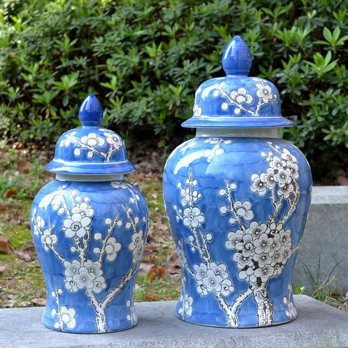 Vaso di zenzero in ceramica blu e bianco intagliato a mano con motivo a fiori di prugna barattolo di porcellana tradizionale cinese