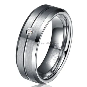 Tungsten Karbida Pria, Cincin Pernikahan Berlian CZ Tatahan Batu Tunggal Desain untuk Pria 8Mm