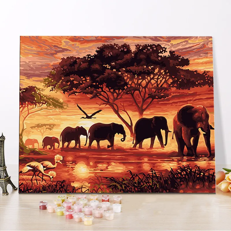 CHENISTORY 99019-Y paint by numbers with frame Sunset And Elephants canvas painting for adults for droshipping