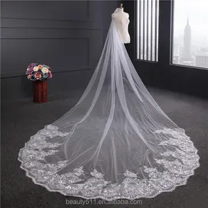 Großhandel New Grance lange Spitze Braut Hochzeit Schleier weiß ein schicht ige Glocke Blume Hochzeit Spitze Schleier Modische lange Tüll HL26