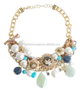 fashion necklace plastic pearl glass stone acrylic stone metal chain semi-precious beads