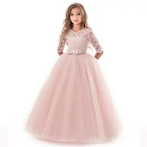 Flower Girl Dress Long Sleeves Lace bowknot Tulle costume Kids First Communion Gowns Bridesmaid Dance Ball Gown Dress