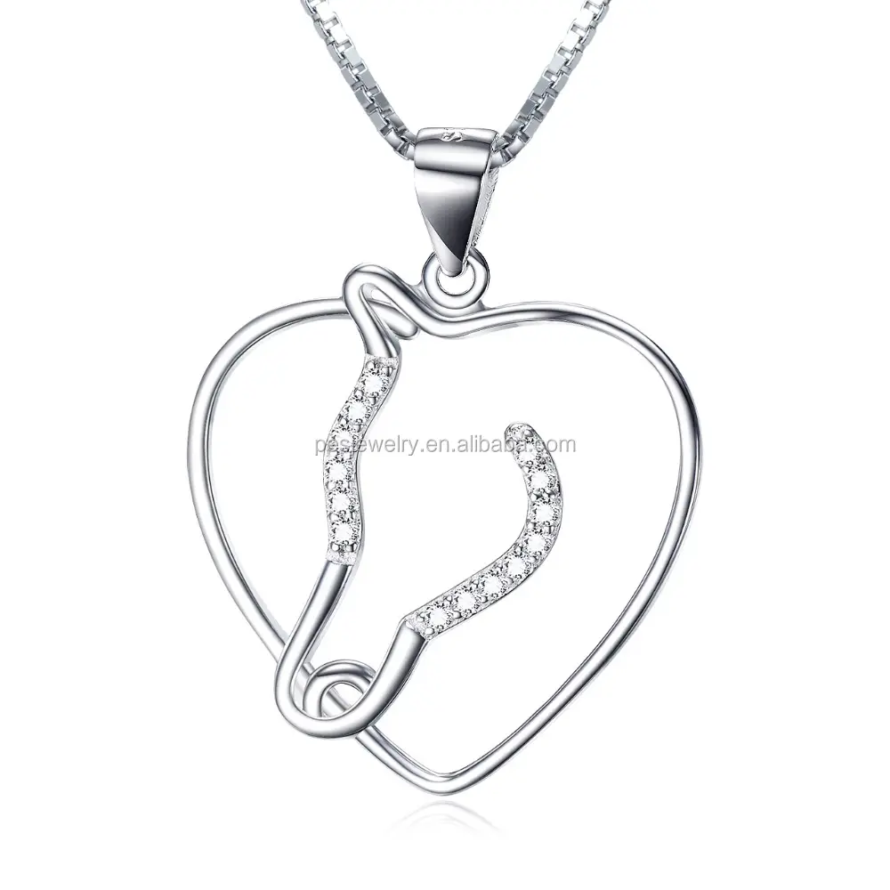 PES Fine Jewelry! Shiny Crystal Equestrian Horse Head Heart Pendant Necklace (PES3-1405)