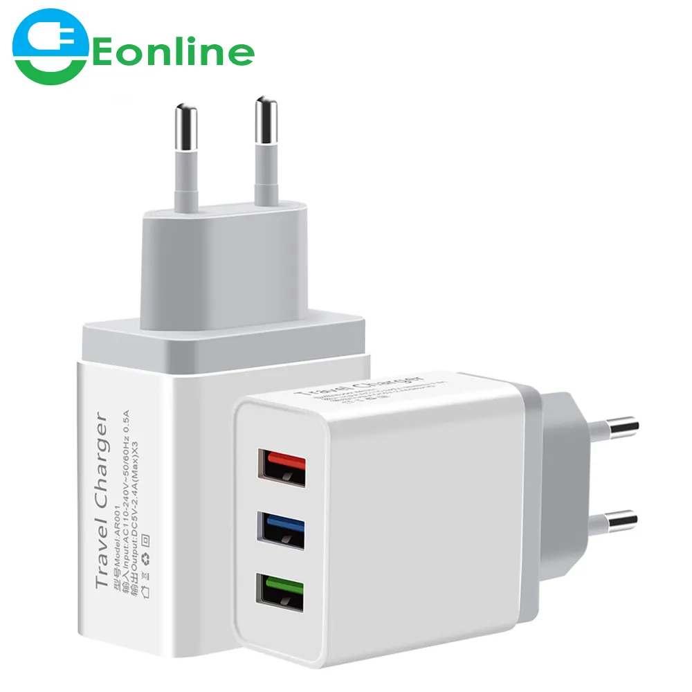 Adaptador de cargador de viaje Universal para iPhone, XS, Max, X, iPad y tableta, 5V, 2.4A, 3 USB, enchufe de pared portátil para la UE