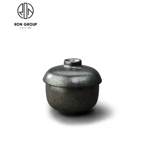 日式陶器陶瓷餐厅定制蒸蛋杯黑色带盖木什杯