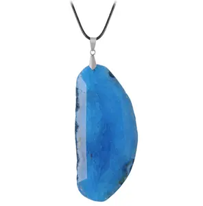 Autumn Winter popular fashion long chain sweater druzy crystal blue agate pendant geode necklace wax cord chain China Supplier