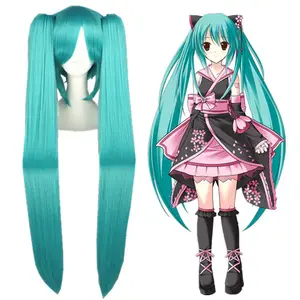 Wholesale 120cm Long Straight Lake Blue VocAloid Miku Wig Cosplay Synthetic Anime Halloween Party Peluca 2 Ponytails Wigs