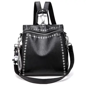 New Fashion Women Backpack Brand Designer Soft Leather Black Backpacks for Girls Rivet Bag with Bear