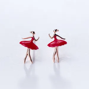 New Trendy 925 Sterling Silver Red Skirt Ballet Dancer Girl Stud Earrings Jewelry