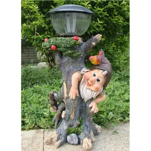 17"H Outdoor garden decorative funny glowing gnome on the tree statue with solar light lantern