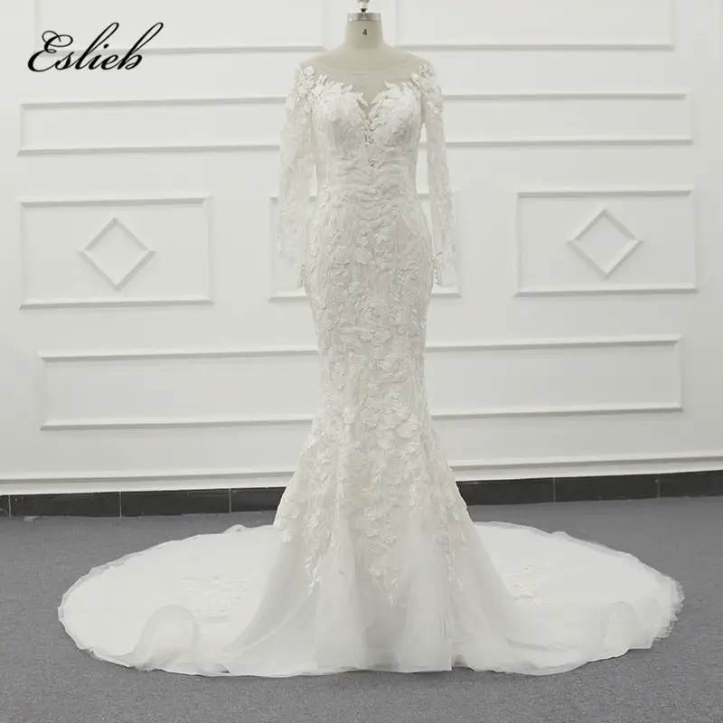 Luxury Wedding Dress Bridal Gown Latest Designs 3D Flower Glitter Tulle Wedding Gowns With Long Sleeves Mermaidスタイル