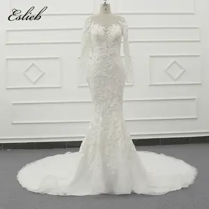 豪华婚纱新娘礼服最新设计 3D 花闪光薄纱婚纱长袖美人鱼风格