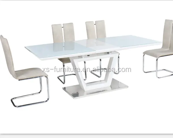 メーカー新デザインダイニングルームホワイト高光沢印刷MDFボード + 強化ガラスエクステンションダイニングテーブル