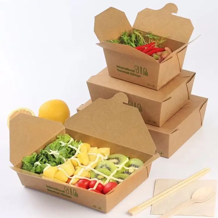 Tigela de papel descartável para salada, caixa de papel kraft, tigela para salada de frutas, tigela de papel