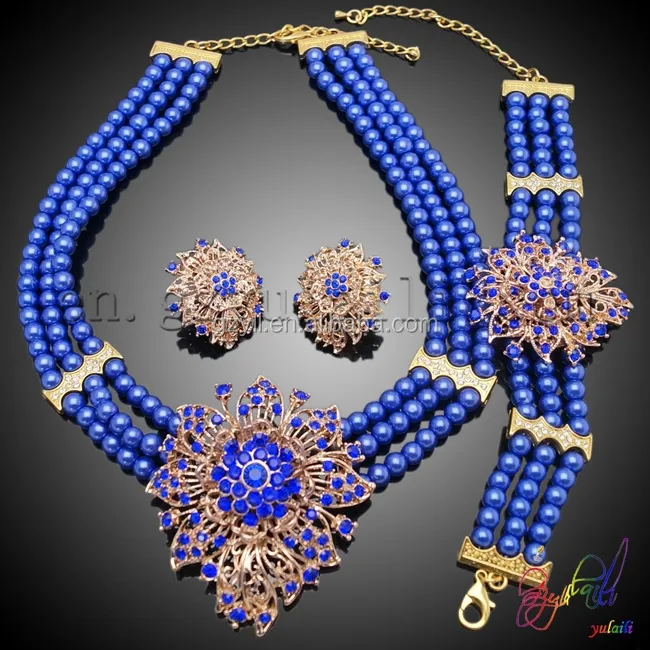 2015 nigerian beads necklace set Latest design african wedding beads jewelry set Heavy kundan bead jewelry set