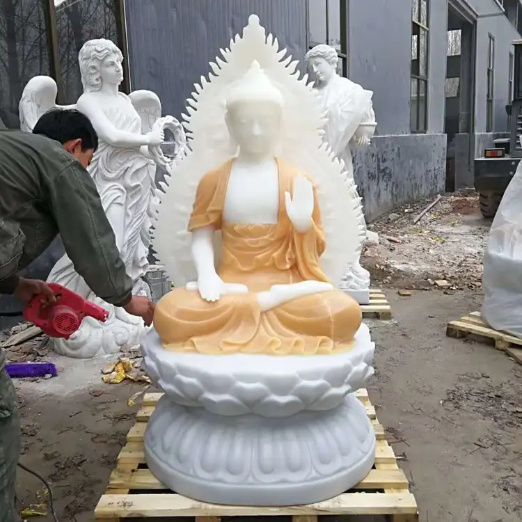 Chinese factory jade carved sitting buddha statue with marble base
