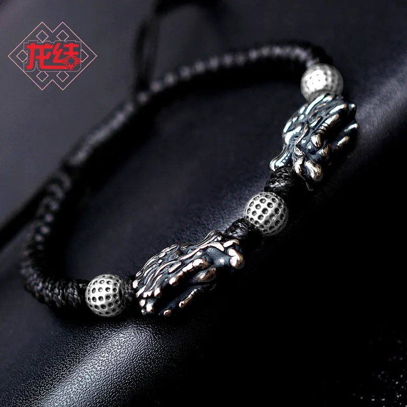 LONGJIE factory wholesales customized 999 silver retro double bibcock woven rope bracelet for men fashion design bracelet