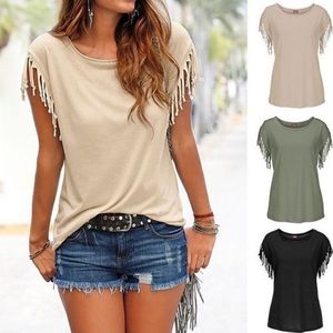 Tuniche alla Moda per Donna Taglie Forti con Maniche a Frange, T-Shirt Casual Tinta Unita per la Stagione Primaverile - Product Image 1