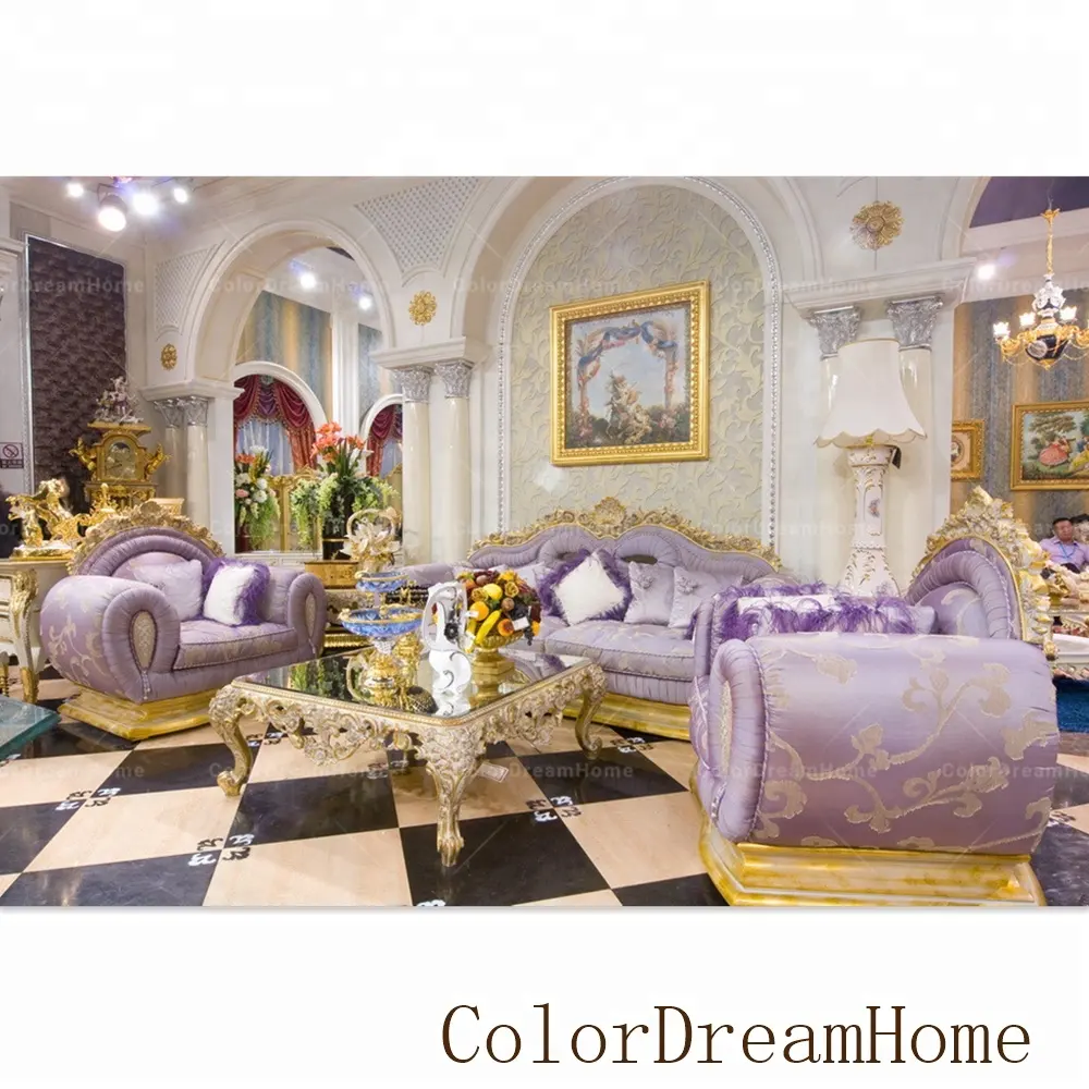 Italia Mewah Warna Violet Kain Struktur Kayu Spons Mengisi Sofa Vila Furniture Dubai Sofa