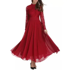 Customize Women Elegant Contrast Lace Long Sleeve Evening Dress