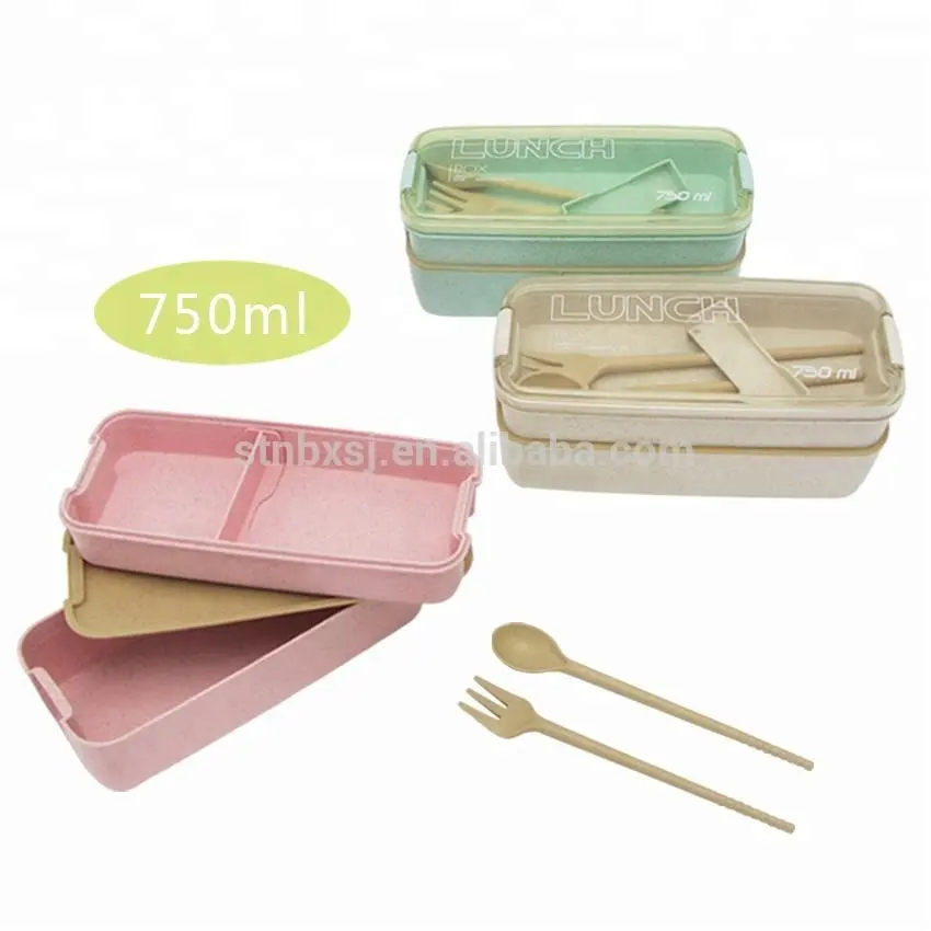 Wheat straw Double Layers Plastic Lunch Box with clear lid bento lunch box kids