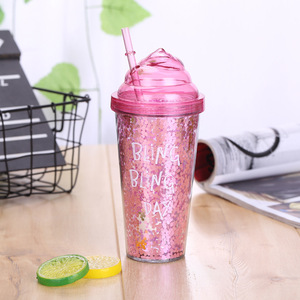 Logotipo personalizado de helado de doble pared reutilizable transparente brillo vaso de plástico taza mágica para beber <span class=keywords><strong>con</strong></span> tapa y pajita - Product Image 2