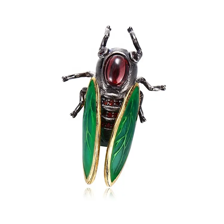 Vintage Cicada Design 925 Sterling Silver Jewelry Enamel Insect Brooch