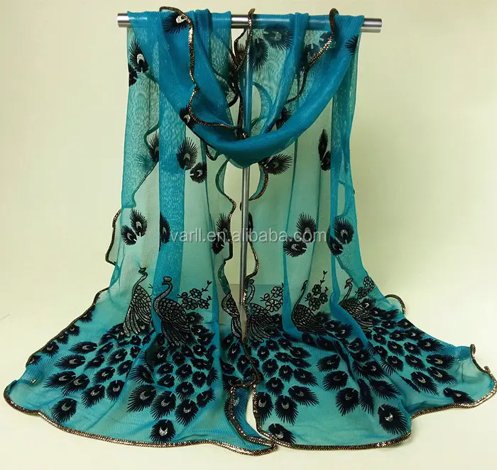 Cheap Price Silk Chiffon Scarves for Lady Bulk Digital Printed Shawls Peacock Chiffon Scarf