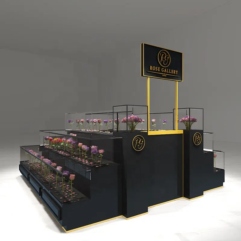 Customized Chinese Factory Elegant New Style Shopping Mall Decoration Artificial Real Flower Shop Wood Display Kiosk For Sale